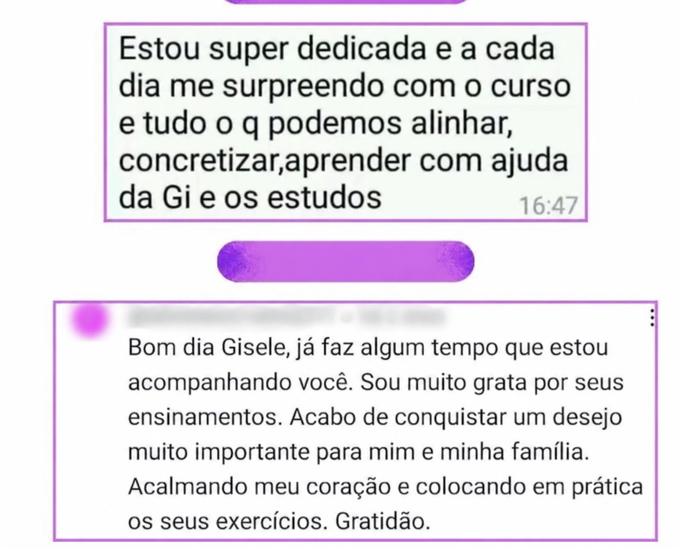 Relatos de alunas sobre dedicação ao curso e aplicação dos exercícios.